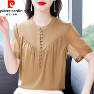皮爾卡丹（pierre cardin）真絲短袖襯衫女夏季新款時(shí)尚洋氣別致小衫氣質(zhì)高端桑蠶絲上衣顯瘦 卡其色 XL 120-129斤
