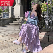 確彤裙裝法式超仙V領(lǐng)中長(cháng)款吊帶蛋糕女2024新款韓版海邊度假沙灘裙 紫色 XL