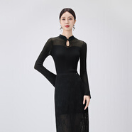 BADINA芭蒂娜新中式盤(pán)扣針織衫上衣女2024秋新款喇叭袖拼接打底衫 黑色 S