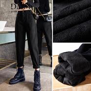 朵沐縵牛仔褲女寬松百搭高腰顯瘦哈倫褲春秋新款時(shí)尚卷邊韓版蘿卜老爹褲 53558 黑色加絨款 M