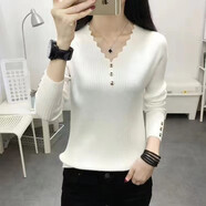 玖卡依針織衫女v領(lǐng)新款秋冬長(zhǎng)袖打底衫女韓版修身顯瘦純色毛衣內(nèi)搭上衣 白色 XL 建議115-130斤