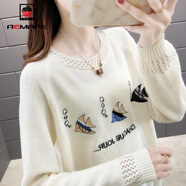 AEMAPE針織衫女裝2026春秋季韓版時(shí)尚毛衣女休閑寬松薄款鏤空圓領(lǐng) 米白色 3XL _建議140-150斤