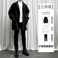 執笙記毛呢子夾克外套男士休閑套裝秋冬季加絨加厚保暖韓版一套衣服男裝 黑色外套+白毛衣+加絨西褲【三件 XL