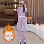 BVX運動套裝女秋冬季時尚拼接假兩件加絨加厚連帽衛(wèi)衣洋氣休閑兩件套 粉色【加絨】 XL