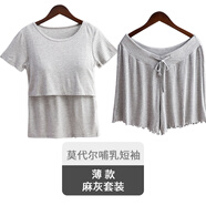 克沃茲（KWOZI）哺乳上衣夏季薄款居家短袖外出t恤半袖喂奶衣上掀式孕婦睡衣夏裝 灰色（套裝） L碼（適合110-130斤）