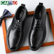 卡帝樂鱷魚（CARTELO）男士皮鞋耐磨軟牛皮休閑皮鞋男商務(wù)圓頭厚底男鞋9803 黑色鏤空 38