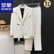 羅蒙（ROMON）韓國飄帶設計感西裝外套男士韓版炸街百搭高級感休閑拼接西服套裝 白色【DK25】西裝+褲子 M 【100-130斤】