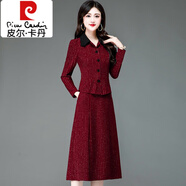 皮爾卡丹（pierre cardin）西裝連衣裙女2023新款春秋季中年女士長(cháng)袖百搭假兩件裝裙子 紅色 L 適合【106-115斤】