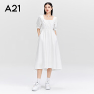 A21女裝氣質(zhì)連衣裙女2023夏季新款法式方領(lǐng)收腰短袖黑色中長裙 米白 S