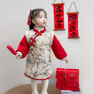 翼紙鳶童裝女童拜年服兒童寶寶裙子過(guò)年服中國風(fēng)新年裝旗袍唐裝冬裝漢服 keke-小鹿旗袍年服米色 加絨 130cm