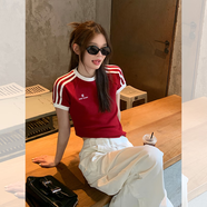 小野七天條紋正肩短袖t恤女夏裝設計感辣妹修身顯瘦白色體恤短上衣 小野條紋T棗紅色 M