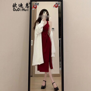 歐迪惠御姐裙顯瘦紅色吊帶連衣裙2025春季新款法式針織開衫女裝套裝裙子 米白色針織開衫 M