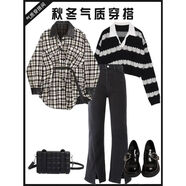 胖左柚胖子穿搭一整套女秋冬季裝2024新款韓版御姐高級感加厚毛衣外牛仔 格子外套+條紋毛衣 【兩件套】 M 建議95-105斤