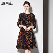海青藍(lán)（CYANINE SEA）性感時尚豹紋印花連衣裙女七分袖冬季法式復(fù)古高級感顯瘦中長裙 花色 S