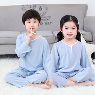 兒童棉綢睡衣套裝夏季女童長(cháng)袖中大童孩薄款家居服綿綢空調服童裝 雙長(cháng)淺藍色 85碼數建議穿130cm