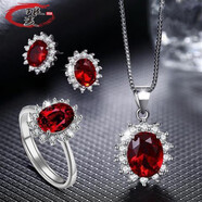 瑯麥925仿紅寶石耳環(huán)個(gè)性百搭氣質(zhì)玫瑰金色耳飾耳釘女套裝 紅色 銀邊三件套