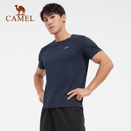 駱駝（CAMEL） 運(yùn)動(dòng)短袖T恤春夏情侶款寬松透氣休閑跑步健身運(yùn)動(dòng)上衣 6002，藏青，男 L