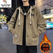 啄木鳥(niǎo)（TUCANO）燈芯絨外套男士秋冬季假兩件連帽夾克男款學(xué)生加絨加厚派克棉衣服 815卡其 【加絨加厚】 M 【建議80-100斤】