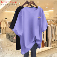 LOVER RUCCI歐貨大版純棉中長款短袖T恤女2025夏季新款寬松上衣女半袖體恤潮 紫色【HAT帽】 S 建議80-110斤