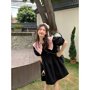 世希特大碼300斤女裝胖妹妹韓版復古寬松顯瘦碎花娃娃領連衣裙女夏季 黑色 XL 適合110-140斤