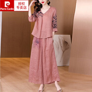 皮爾卡丹民族風(fēng)夏裝女棉麻套裝復古文藝范苧麻女裝亞麻上衣闊腿褲兩件裝 粉色套裝 XL