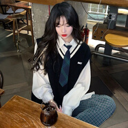 AHKA兩件套裝/單件學院風清新軟妹少女風毛衣學生初寬松慵懶馬甲襯衫 馬甲+襯衫 +領帶 M