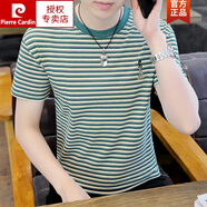 皮爾卡丹（pierre cardin）2024年夏季短袖男士t恤潮流半袖體恤棉橫條紋夏天休閑上衣針織 708綠色 XL