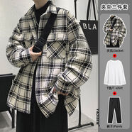 摘星少年衣服男小香風(fēng)夾克男痞帥男裝一套裝黑白方格毛呢外套高級感輕奢 常青樹(shù)924白色+白長(cháng)袖+黑西褲 L