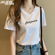 嘉麗薇短袖t恤女2025夏季新款白色純棉高級(jí)感輕奢V領(lǐng)短袖打底正肩上衣 白色【v 英文印花】 XL ( 建議 112-125斤)