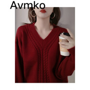 潮牌Avmko毛衣秋冬新款酒紅色v領(lǐng)毛衣復(fù)古日系慵懶寬松外穿加厚套頭麻花針織上衣女 酒紅色毛衣 L