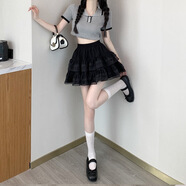 道花途白色網(wǎng)紗半身裙女裝夏季2023年新款高腰小個(gè)子a字裙蓬蓬裙蛋糕裙 黑色 S