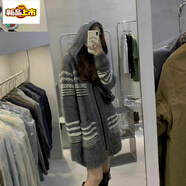 初徑2025時(shí)尚精品復(fù)古中長(zhǎng)款毛衣外套秋冬慵懶撞色條紋連帽針織開(kāi)衫女 灰色【洋氣精品版】 S 建議75-100斤