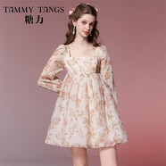 糖力【商場(chǎng)同款】減齡娃娃裙春秋季新款長(cháng)袖歐根紗印花連衣裙女 橘粉印花色 M