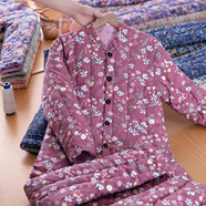 木吻純棉花手工棉衣服女士棉襖棉褲套裝中老媽年人媽外穿加厚保暖冬季 紫碎花 M碼建議152~166CM體重80-90斤