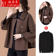 林肯羊媽媽洋氣毛呢外套中年女春秋裝短款中老年春裝高貴洋氣呢子上衣服 咖色+打底衫 M【建議85-100斤】