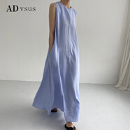 ADVSUS官方品質(zhì)2023夏季日韓chic休閑簡(jiǎn)約寬松大擺無(wú)袖長(cháng)款棉麻連衣裙 藍色 均碼