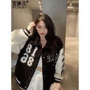 艾珠兒 羊羔毛外套女秋冬百搭加絨加厚寬松學生小個子夾克棒球服外套女 黑色 S