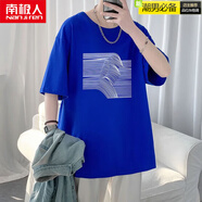 南極人（Nanjiren）特大碼加肥加大胖子超大號肥佬300斤寬松純棉圓領(lǐng)半短袖體T恤男夏 DX克萊因藍畫(huà)線(xiàn) S