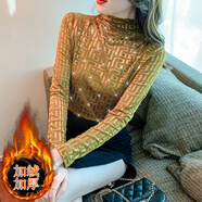 葉紫楓 打底衫女2025春季新款半高領(lǐng)百搭女裝燙鉆蕾絲加絨加厚內搭小衫 土豪金（加絨加厚） XL