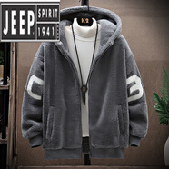JEEP SPIRIT羊羔絨外套男士秋冬季衣服加絨加厚保暖連帽夾克男羊羔毛褂子 灰色 GZ#920高質(zhì)量 M 建議95-110斤