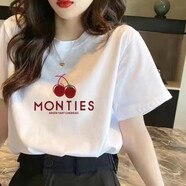 歐洛黛純棉短袖t恤女寬松新款夏季韓版半袖女士上衣百搭T白色短袖女裝 白色紅櫻桃 L