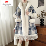 皮爾卡丹（pierre cardin）毛呢大衣2024大碼秋冬帶帽毛絨斗篷披肩連帽格子加厚外套大衣 藍格口袋款