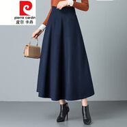 皮爾卡丹垂感毛呢半身裙女秋冬高腰中長款羊毛a字傘裙加厚長款冬裙子針織 Q004-藏藍(lán)色毛呢高腰A字裙 27/M