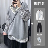 ARPGNHN四件套DK制服jk毛衣套裝男學院風V領馬甲背心針織衫襯衫情 4件裝[灰馬甲+白襯衫+領帶+西 L_[優(yōu)質面料]