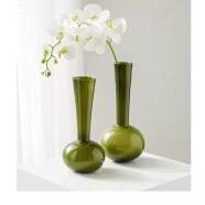 简艺饰家中古玻璃花瓶法式摆件客厅绿色透明插花高级感鲜花水培玄关摆件