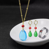 動(dòng)漫周邊哈爾的移動(dòng)城堡項鏈耳夾水滴耳環(huán)cosplay戒指吊墜宮崎駿 水藍色項鏈圈夾戒指套裝