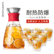 karphome耐高溫涼水壺冷水壺耐熱雙層水杯家用果汁壺水具套裝花茶壺大容量 1500mL一壺+六杯（備注顏色） 1500mL