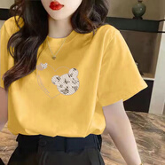 吉莞美夏季純棉寬松t恤女裝流行新款小熊愛心印花體恤上衣正肩百搭 黃色*愛心熊 S【建議80-100斤穿著】