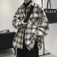 毅訫毛呢格子外套男秋季韓版潮流寬松休閑夾克男士學(xué)生帥氣上衣服男裝 白色 XL 120-140斤