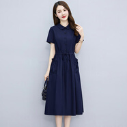 桂雪格夏季短袖連衣裙女裝2024新款韓版高腰寬松時(shí)尚中長(cháng)款氣質(zhì)襯衫裙子 丈青色 XL （115-125斤）